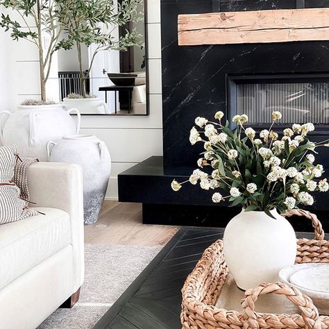 🌻Welcome to Week 79 of Beautiful Decor Styles Home Tour! Join us to meet new friends & discover beautiful home decor. You will be… Living Room Black Fireplace, Black Fireplace Ideas, Black Fireplace Wall, Black Fireplace Surround, Black Brick Fireplace, Tv Over Fireplace, Fireplace Tile Surround, Black Fireplace, Living Room Black