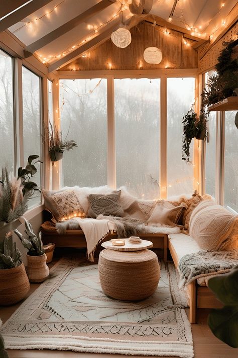 Cozy Sunroom Ideas for a Sun-Soaked Space Manufactured Home Sunroom, Sunroom String Lights, Solarium Living Room, Porch Interior Ideas, Sunroom Ideas Cozy, Sun Porch Ideas, Solarium Room Sunroom Addition, Luxury Sunroom, Narrow Sunroom Ideas