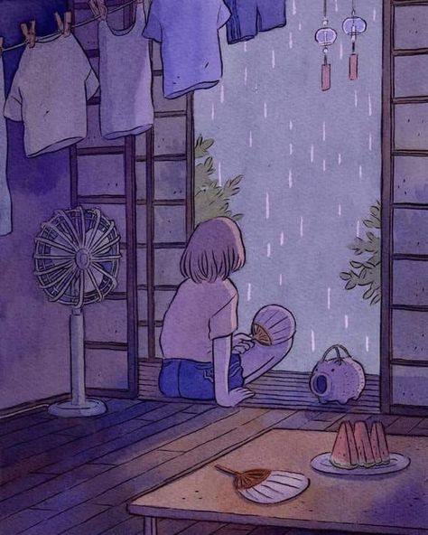 Rain Drawing, Rain Illustration, Aesthetic Rain, Anime Summer, Rain Art, Summer Painting, Illustration Art Girl, Trik Fotografi, Japan Art