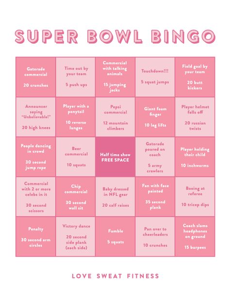 Super Bowl Workout, Fitness Bingo, Super Bowl Bingo, Vegan Cheese Sauce Recipe, Super Bowl Game, Healthy Nachos, Buffalo Dip, Love Sweat Fitness, Weekly Workout Schedule