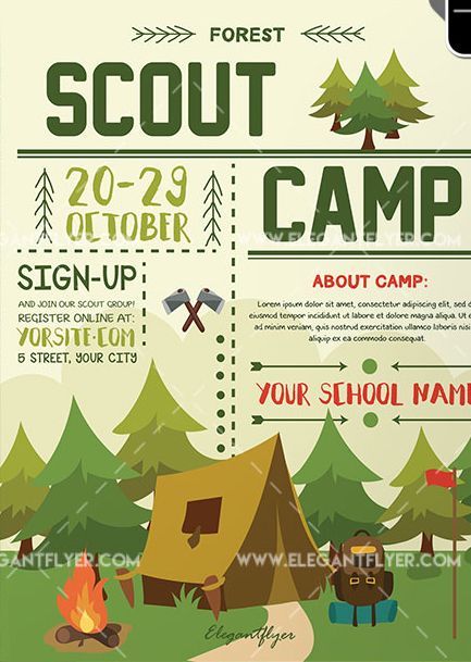 Scout Camp – Free Flyer PSD Template Camping Design Ideas, Fliers Design Flyers, Camping Poster Design, Camp Brochure, Camp Poster, Camping Poster, Camp Flyer, Camp Design, Boy Scout Camping