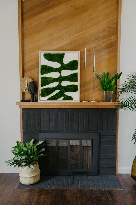 Want this JAW DROPPING fire place in your own home? We created refreshed this  mid century fireplace wood fire place, black fireplace, accent wall, mid century fireplace, mid century living room, mid century inspo, mid century home, mid century living room inspo Mid Century Modern Fireplace Makeover, Fireplace Mid Century, Mid Century Fireplace Makeover, Fireplace Accent Wall, Mid Century Modern Fireplace, Unsellable Houses, Mid Century Fireplace, Mid Century Modern Shelves, Diy Mid Century Modern