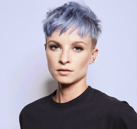 Blue hair Grey Blue Hair Color Short, Pixie Blue Hair, Blue Hair Short Pixie Cuts, Short Hair Color Ideas Blue, Grey Hair With Blue Highlights, Short Blue Hair Pixie, Short Punk Hair Pixie, Blue Pixie Cut, Pastel Pixie Hair