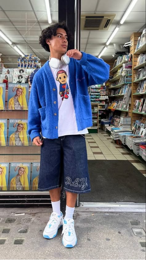 Streetwear, style, fashion, Blue, cardigan, jorts, headphones, boy outfits, ootd, outfit inspo, summer, 2000s Boys Fashion, Guys Outfits, Masc Outfits, Street Wear Outfits, Men Street Fashion, Street Style Outfits Men, Street Fashion Men Streetwear, Guys Clothing Styles, Unique Fits