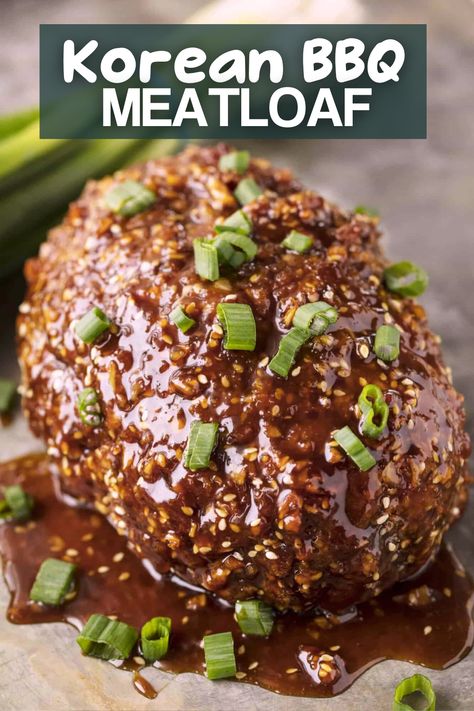 A close up view of a meatloaf with a Korean BBQ Glaze and garnished with sliced green onions. Barbecue Meatloaf, Bbq Meatloaf, Easy Bakes, Hamburger Dishes, Meatloaf Meatballs, Bbq Meatballs, 12 Tomatoes Recipes, Tomatoes Recipes, Impossible Burger