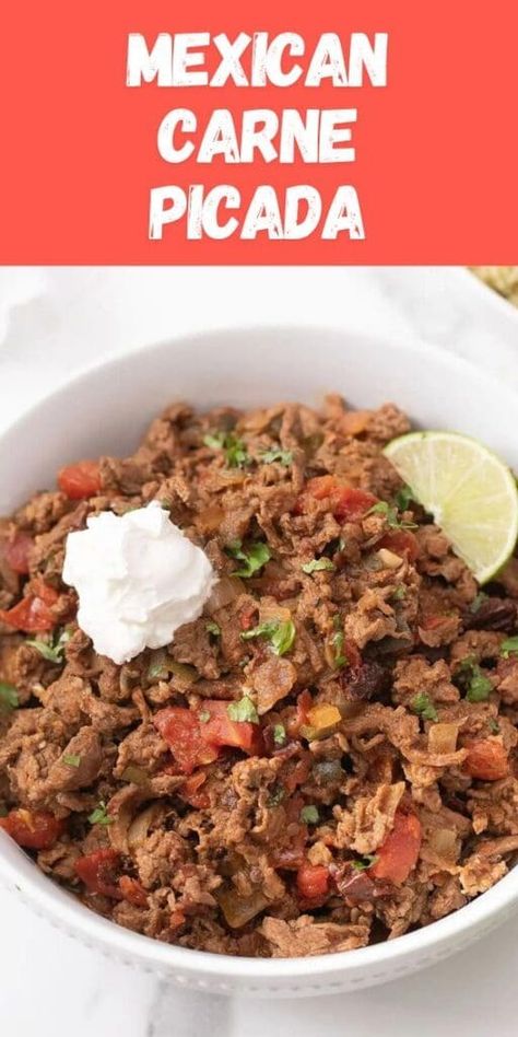 Beef Carne Picada, Carne Picada Tacos, Carne Picada Recipes, Rice And Refried Beans, Steak Picado, Top Round Steak, Taco Toppings, Rice And Beans, Cheese Quesadilla