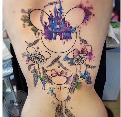 Disney Garter Tattoo, Big Disney Tattoos, Disney Thigh Tattoo Ideas, Disney Dreamcatcher Tattoo, Disney Back Tattoo, Disney Foot Tattoo, Disney Tattoos Mickey, Disney Thigh Tattoo, Castle Tattoos