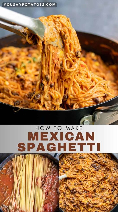 Mexican Spaghetti Ground Beef And Black Beans, Ground Beef And Black Bean Recipes, Spaghetti Recipes With Ground Beef, Black Bean Spaghetti Recipes, Spaghetti Beef Recipe, Black Bean Spaghetti, Black Bean Pasta, Mexican Spaghetti, Spaghetti With Ground Beef