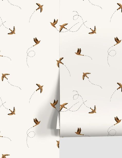 White Wallpaper with Sparrow Design Bird Wall Paper, Modern Laundry Room Wallpaper, Sparrow Wallpaper, Airy Kitchen, Neutral Landscape, Light Landscape, Birds Wallpaper, Ceiling Wallpaper, Bedroom Decor Lights