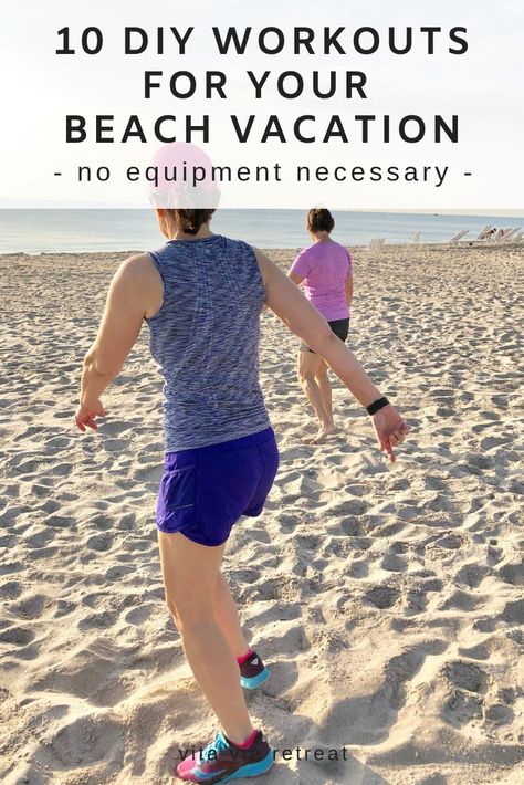 Heading to the beach for vacation? Grab these 10 no equipment necessary workouts to take with you. You won't need a gym - just yourself and a beach (or a park) to get these workouts in. #getfit #workout #workoutmotivation #beachworkout #beachvacation #vacationworkouts Beach Bootcamp Workout, Beach Workout No Equipment, Sand Workouts Beach, Beach Ready Workout, Vacation Workout Plan, Beach Exercises, Workout On The Beach, Sand Workout, Beach Workout Routine