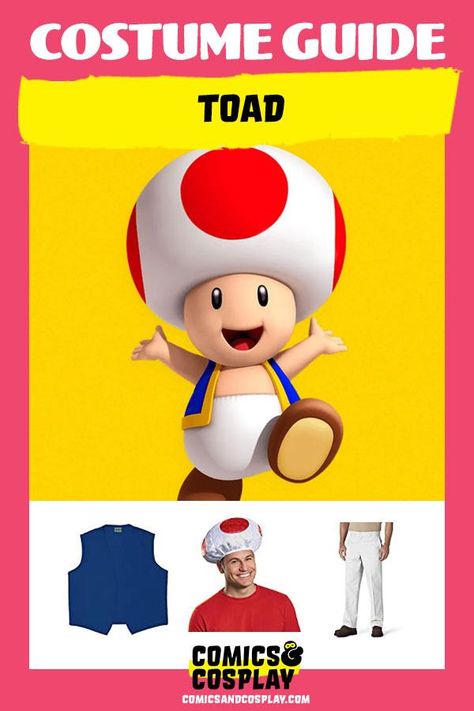 Toad Costume Guide | DIY Cosplay w/ Mushroom Hat Diy Mario Mushroom Costume, Toad Mushroom Hat, Diy Toad Costume Mario Bros, Diy Toad Hat, Toad Costume Diy Women, Toad Costume Diy, Mario Toad Costume, Diy Toad Costume, Toad Mario Costume