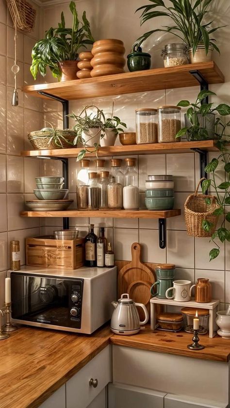 Apartment Kitchen Colorful, Kitchen Decor Earthy, Korean Kitchen Ideas, Shed Kitchen Ideas, Plants In Kitchen, Plants In The Kitchen, Cozy Kitchen Ideas, Kitchen Shelves Instead Of Cabinets, Kabinet Dapur