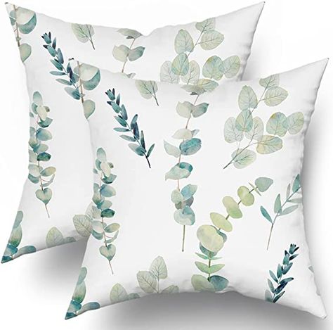 Green Leaf Watercolor, Sage Throw Pillows, Pillow Covers Decorative, Green Pillow Covers, Eucalyptus Branches, Sofa Cotton, Green Leaf Print, Leaves Pillow, Floral Branch