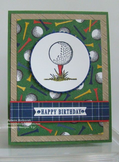 Handmade Golf Cards, Golf Cards For Men, Stampin Up Golf Birthday Cards, Happy Birthday Rebecca, Stampin Up Masculine Birthday Cards Golf, Handmade Birthday Cards For Golfer, Fathers Day Cards Golf Theme, Diy Father’s Day Card Golf, Grandson Birthday Cards