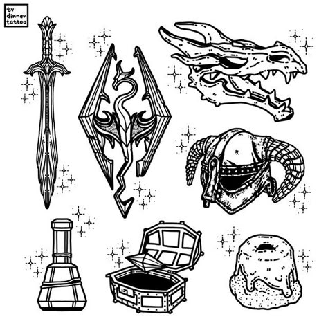 Minimalist Video Game Tattoo, Subtle Skyrim Tattoo, Flash Tattoo Outline, Skyrim Flash Tattoo, Simple Skyrim Tattoo, Tattoo Lining, Small Gaming Tattoo, Game Inspired Tattoos, Fantasy Patchwork Tattoos