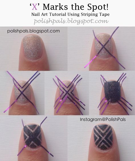 Glitter Nail Art Striping Tape | nail art pictorial using striping tape. :) {You can purchase striping ... Striping Tape Nail Art, Tape Nail Designs, Cross Nail Art, Tape Nail Art, Nail Art Stripes, X Marks The Spot, Finger Nail Art, Nail Tape, Striped Nails