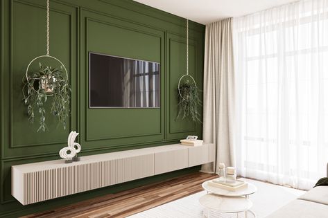 3D visualization of LIVING ROOM :: Behance Room Green, Tv Wall Design, Living Room Green, Diy Wood Projects Furniture, 3d Visualization, Green Wall, Tv Wall, Diy Wood, Diy Wood Projects