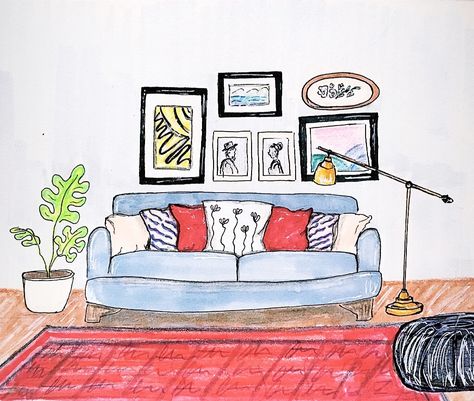 Living Room Drawing Sketch, Living Room Illustration, Living Room Drawing, Blackboard Art, Room Drawing, Sketches Doodles, House Colouring Pages, Interior Design Drawings, Scene Drawing