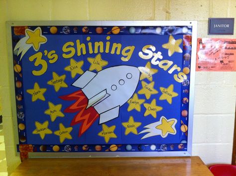 Shining Stars Bulletin Board. Everything was simple to make and all out of existing supplies of construction paper and boarder trim. This months theme is Exploring Space. Star Themed Classroom, Star Bulletin Boards, Space Bulletin Boards, Space Theme Classroom, Kindergarten Bulletin Boards, Space Classroom, School Board Decoration, Preschool Bulletin, Preschool Bulletin Boards