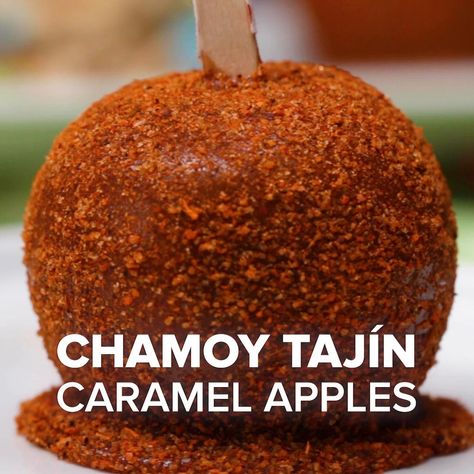 Chamoy Tajín Caramel Apples Recipe by Tasty Apples With Chamoy And Tajin, Tajin Candy Apples, Mexican Candy Apples How To Make, Chamoy Apples Recipe, Chamoy Apples How To Make, Mexican Candy Apples, Chamoy Recipe Ideas, Chamoy Candy Apples, Tajin Apples