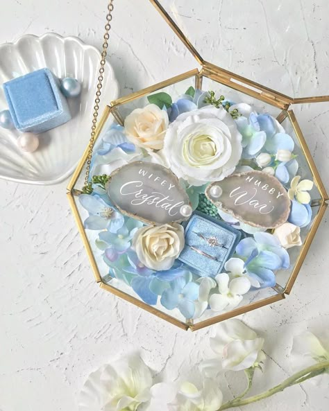 The Silver Lining Calligraphy on Instagram: “All you need is LOVE and Something BLUE 💙 . Silk flower ring box for Crystal & Wai 👰🏼🤵🏻 . Floral designs @nani.floral  Calligraphy…” Blue Ring Box Wedding, Engagement Ring Box Ideas, Wedding Ring Pillow Diy, Wedding Table Deco, Engagement Board, Floral Calligraphy, White Wedding Ring, Wedding Calendar, Blue Wedding Rings