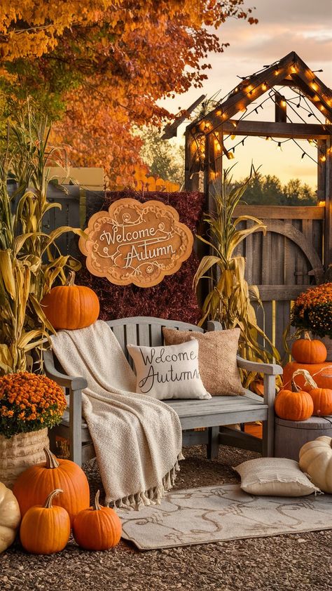 Stand out this fall with our handpicked outdoor fall decor ideas. Perfect for adding a touch of elegance to your home's exterior. Outdoor Fall Scene, Fall Outdoor Seating Area, Fall Harvest Photo Booth Ideas, Fall Farm Stand Ideas, Fall Themed Photo Booth Backdrop, Outdoor Fall Party Decor Ideas, Pumpkin Decorations Outdoor, Outdoor Fall Display, Fall Photoshoot Background Ideas