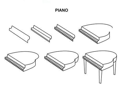 Step-by-Step tutorial for a piano. How To Draw A Piano Step By Step, Piano Drawing Easy, Piano Doodle, Drawing Items, Microphone Drawing, Piano Drawing, Draw Music, Music Drawing, Visual Journaling