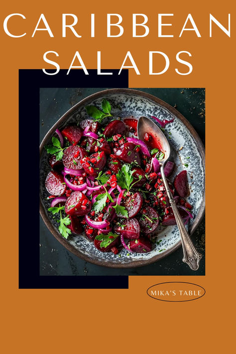 A vibrant bowl of Caribbean salad featuring colorful ingredients such as beets, red onions, and fresh parsley, beautifully arranged on a rustic plate. The text overlay reads "Caribbean Salads" and the image is branded with "Mika's Table" at the bottom. The salad is garnished with fresh herbs, showcasing the rich and diverse flavors of Caribbean cuisine. Caribbean Potatoes, Jamaican Salad Recipes, Caribbean Salads, Caribbean Salad Recipes, Jamaican Salad, Caribbean Coleslaw Recipe, Caribbean Salad, Tasty Salads, Work Recipes