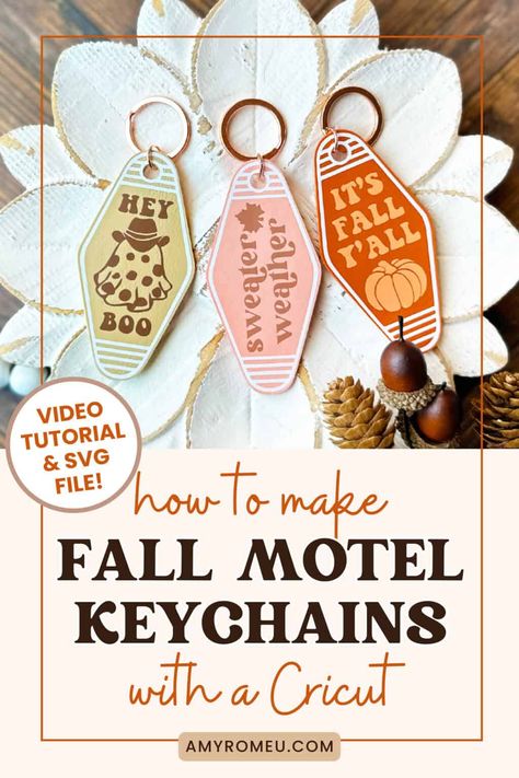 Learn How to Make Fall Motel Style Keychains with a Cricut using faux leather and heat transfer vinyl! SVG templates & video tutorial available at amyromeu.com. Motel Key, How To Make Leather, Motel Keychain, Leather Keychains, Svg Templates, Vinyl Svg, 25 Days Of Christmas, Svg Downloads, Claw Hair Clips