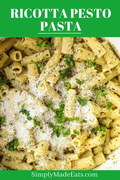 Ricotta pesto pasta topped with parmesan and basil. Pesto With Ricotta, Pesto Pasta Dinner Recipes, Ricotta And Pesto Recipes, Pesto And Ricotta Pasta, Pesto Ricotta Pasta, Pasta Ricotta Recipes, Pasta With Pesto Recipes, Easy Pesto Pasta Recipes, Ricotta Pesto Pasta