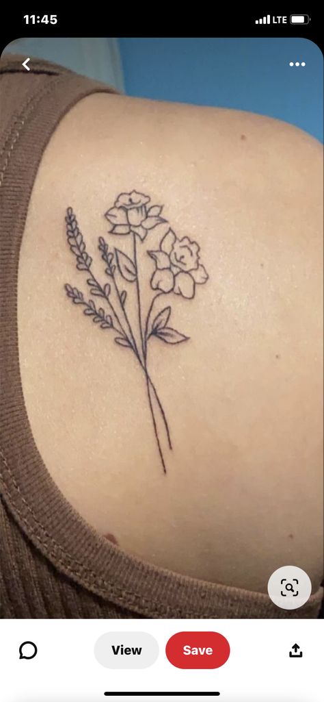 Daffodil And Lotus Flower Tattoo, Daffodil Lavender Tattoo, Tulip And Marigold Tattoo, Daffodil Tattoo On Shoulder, Daphadil Flower Tattoo Simple, Fine Line March Flower Tattoo, Marigold And Lavender Tattoo, Daffodil And Lilac Tattoo, Daffodils Line Art