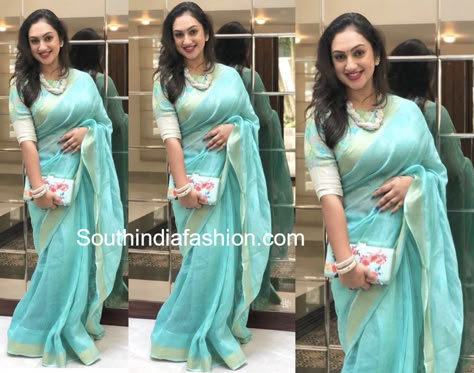 Preetha Vijaykumar, Pastel Blue Saree, Pritha Hari, Sridevi Vijaykumar, White Bangles, Statement Pearl Necklace, Modern Sarees, Vijay Kumar, South Indian Bride Saree