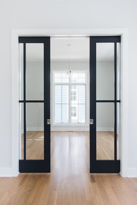 Black Interior Sliding Doors, Black Glass Pocket Doors, Small Home Office Glass Door, Small Room Door Ideas, Black Pocket Doors, Sliding Doors Interior Small Spaces, Black Pocket Door, Sherwin Williams Cyberspace, Double Pocket Doors