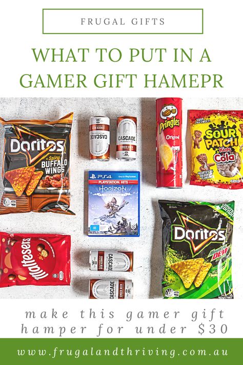 Gamer Basket Ideas, Gaming Gift Basket, Video Game Gift Basket, Gamer Gift Basket, Hamper Diy, Frugal Christmas, Video Games Gift, Gift Baskets For Men, A Gift Basket