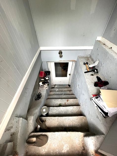 A Marvelous Mudroom Makeover with DRYLOK » Jessica Brigham Concrete Stairs Makeover, Basement Entryway Ideas, Jessica Brigham, Basement Stairwell Ideas, Back Door Entrance, Basement Stairway, Bulkhead Doors, Basement Refresh, Concrete Basement Walls