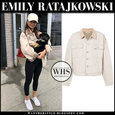 Emily Ratajkowski in cream denim jacket and black leggings Cream Denim Jacket Outfit, Denim Jacket And Leggings, Yeezy Jacket, Cream Denim Jacket, Ratajkowski Style, Stella Mccartney Sneakers, Emily Ratajkowski Style, Spring Closet, Cream Jeans