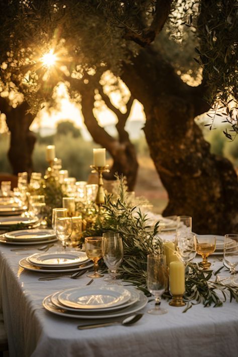 A wedding in Italy among the timeless olive trees. In a land abounding with wine and olive oil, where the light of the setting sun turns everything it touches into gold. In this setting, the bride and groom say ‚I do’ to each other, for the rest of their lives. Olive Branch Table Setting, Wedding Vineyard Ideas, Olive Leaf Wedding Decor, Olive Themed Party, Tuscan Wedding Table Setting, Wedding Olive Theme, Olive Tree Wedding Decor, Olive Trees Wedding, Tuscan Table Setting