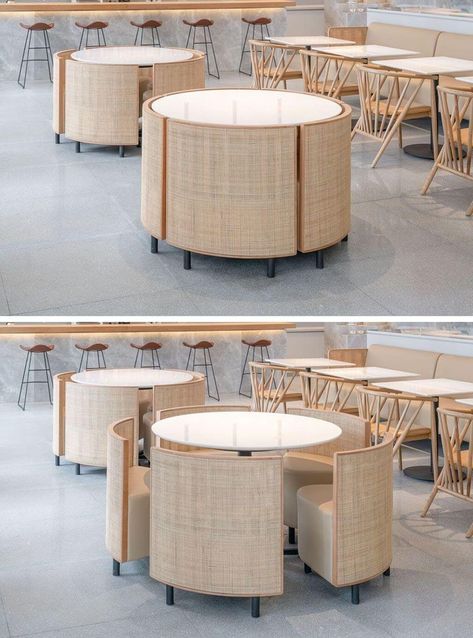 35 Super Smart Space-Saving Table Designs For Every Small Space - Engineering Discoveries Restaurant Furniture Design Chairs, Display Table Design, Chair Table Design, Chair And Table Design, Table Chair Design, Can Furniture, Space Saving Table, Restaurant Seating, Cafe Table