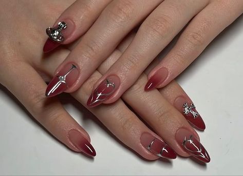 Y2k Gel X Nails, Oval Y2k Nails, Long Almond Nails Y2k, Chrome Douyin Nails, Maroon Aura Nails, Aespa Core Nails, Aura Red Nails, Neotribal Nails, Yunjin Nails