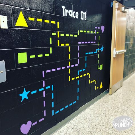 Interactive Hallway | Primary Punch Group Time Wall Preschool, School Murals Hallways Wall, Aba Therapy Room Decor, Sensory Wall Ideas Classroom Preschool, School Sensory Path, School Occupational Therapy Room, Occupational Therapy Classroom Decor, Sensory Bulletin Board Ideas, Calming Room Ideas School