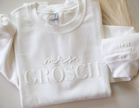 Personalized Mrs Sweatshirt, Custom Wedding Gift, Mrs Neckline Embossed Sweater Bride Personalized, Era Outfits, Mrs Sweatshirt, New Bride, Personalized Wedding Gift, Personalized Bride, The Wedding Date, Custom Wedding Gifts, Perfect Wedding Gift