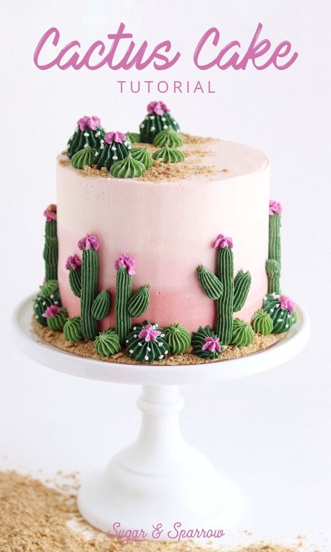 Learn how to create this cactus cake with an ombre buttercream sunset, pretty piped cacti, and edible (graham cracker!) sand. Made for The Cake Blog | Sugar & Sparrow | #cactuscake #desertcake #succulentcake #buttercreamcactus #buttercreamsucculent #partycake #caketutorial #buttercreamcake #cakeideas #cakedecorating #cakedesign #cake Buttercream Succulent Cake, Sunset Buttercream Cake, Arizona Cake Ideas, Boho Cactus Cake, Western 21st Birthday Cake, Easy Succulent Cake, Cactus Cake Design, Succulents Cake Ideas, Succulent Cake Birthday