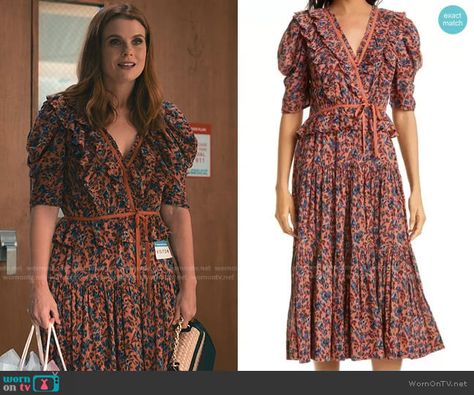 Maddie’s orange floral ruffle dress on Sweet Magnolias. Outfit Details: https://wornontv.net/269688/ %23SweetMagnolias Maddie Sweet Magnolias Outfits, Maddie Sweet Magnolias, Sweet Magnolias Outfits, Maddie Townsend, Joanna Garcia Swisher, Redhead Characters, Magnolia Style, Joanna Garcia, Sweet Magnolias