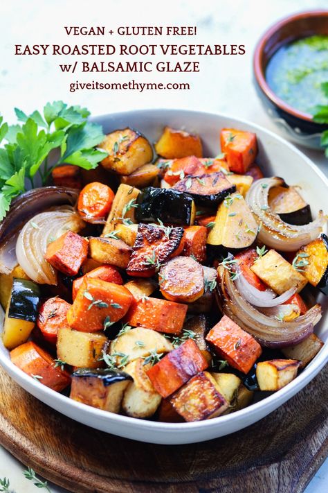 Roasted Root Vegetables with Balsamic - Give it Some Thyme Roasted Root Vegetables Oven, Oven Roasted Root Vegetable Recipes, Roasted Root Vegetables Thanksgiving Brussels Sprouts, Roasted Root Vegetables Thanksgiving, Roasted Root Vegetables With Goat Cheese, Root Vegetable Recipes, Roasted Fall Veggies Root Vegetables, Balsamic Roasted Vegetables, Roasted Root Vegetables Balsamic