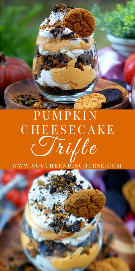 Pumpkin Cheesecake Trifle Recipe, Churro Cheesecake Trifle, Mini Pumpkin Trifles, Pumpkin Triffle Recipe, Fall 2023 Recipes, No Bake Pumpkin Cheesecake Trifle, Thanksgiving Dessert Trifle, Pumpkin Pie Trifle, Pumpkin Triffle