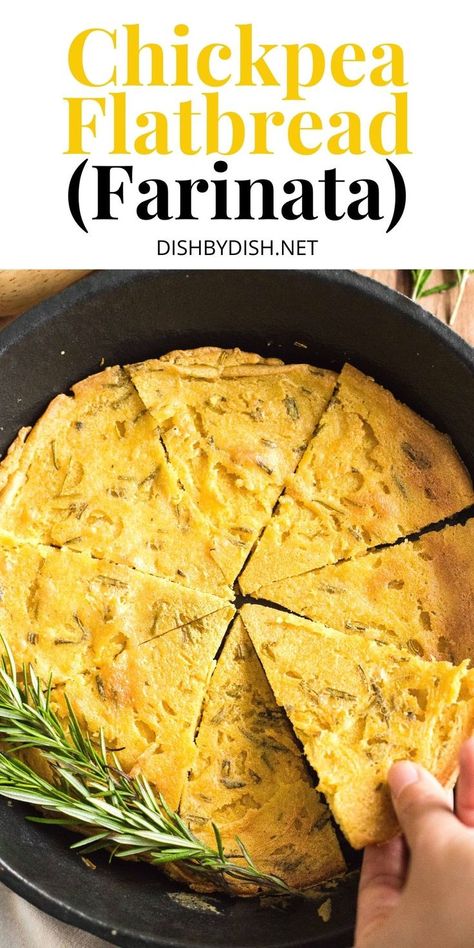 Hand reaching for a slice of chickpea flatbread from a cast iron skillet. Farinata Recipe, Uruguay Recipes, Chickpea Flour Cornbread, Chickpea Flour Recipes Breakfast, Chickpea Flatbread Recipe, Socca Flatbread, Chickpea Flatbread Vegan, Socca Recipe, Chickpea Flatbread