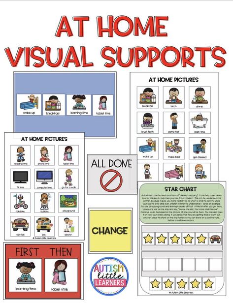 A collection of visual supports for parents to use at home that includes a first/then template, visual schedule template, star chart, etc. Multisyllabic Words, Preschool Language, Visual Supports, Receptive Language, Cue Cards, Learning Time, Star Chart, Speech Therapy Activities, Drawings Simple