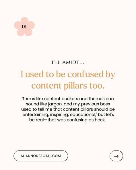 Confused by terms like 'content buckets' and 'themes'? Trust me, I was too. Back when I worked at an IG marketing company, my boss would say content pillars should be 'entertaining, inspiring, educational'—but let’s be real, that was confusing as heck. 🙄 So, I found a better way! Swipe through to learn my simple approach to creating content pillars that are clear, strategic, and tailored to your brand and audience. No more guessing games! I’m breaking down why content pillars are a gam... Content Buckets, Ig Marketing, Content Pillars, Social Media Strategist, Social Media Consultant, Social Media Strategy, My Boss, Creating Content, Guessing Games