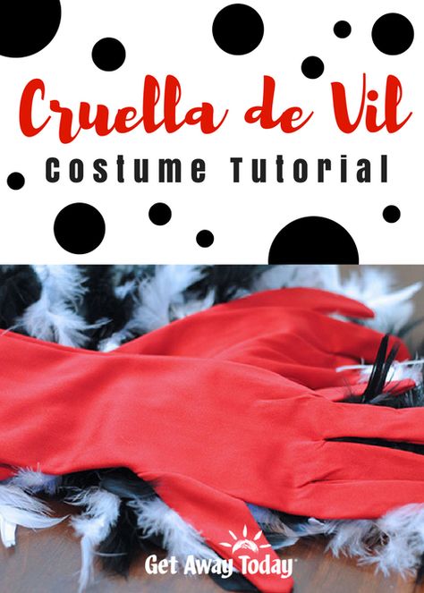 Cruella de Vil Costume Tutorial Pin | Get Away Today #disney #crafts #DIY #cruelladevil #DIYcostume Cruella Costume Diy, Disney Crafts Diy, Diy Cruella Deville Costume, Cruella Deville Wig, Mal Descendants Costume, Disneyland Packages, Evie Costume, Cruella Deville Costume, Halloween Time At Disneyland