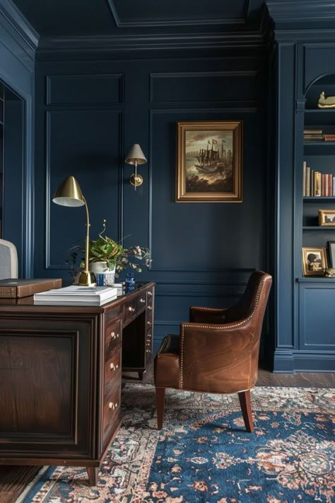 Navy Blue And Wood Office, Dining Room Aesthetic Dark, Dark Dining Room Ideas, Moody Office Ideas, Dark Blue Office, Room Aesthetic Dark, Navy Blue Office, Dark Desk, Blue Home Offices